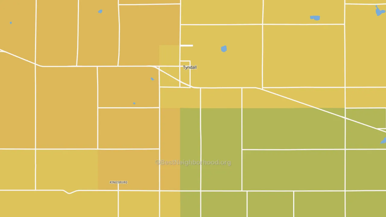 Map of the best neighborhoods in the Bon Homme County area, with better matches in green and worse matches in red