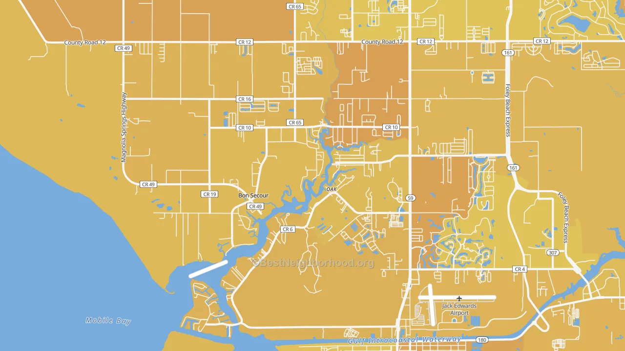 Map of the best neighborhoods in the Bon Secour area, with better matches in green and worse matches in red