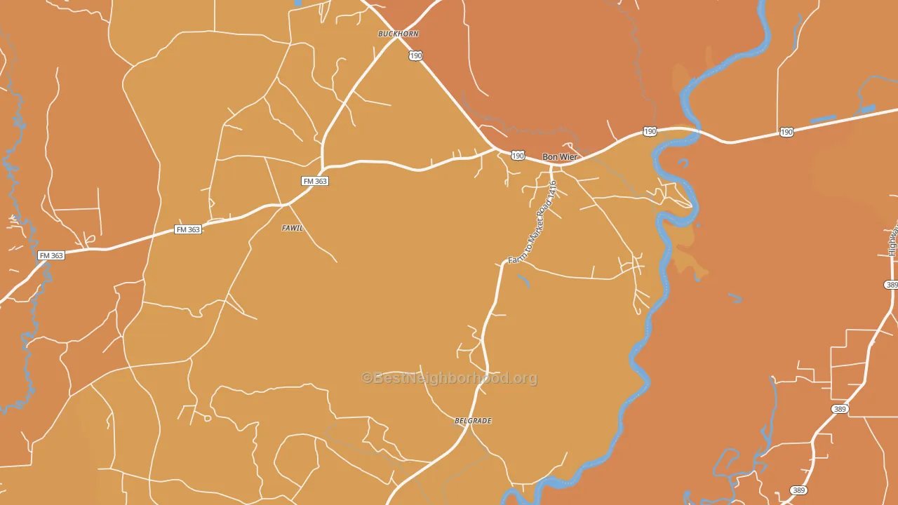 Map of the best neighborhoods in the Bon Wier area, with better matches in green and worse matches in red