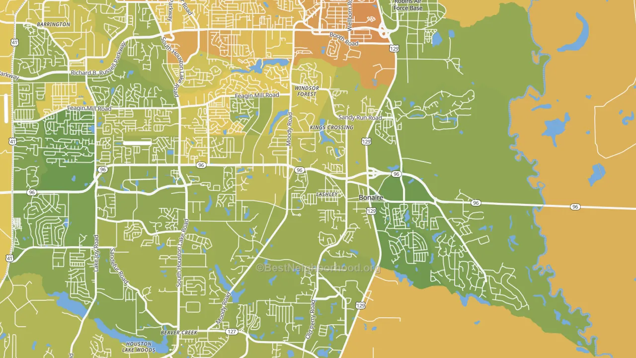 Map of the best neighborhoods in the Bonaire area, with better matches in green and worse matches in red
