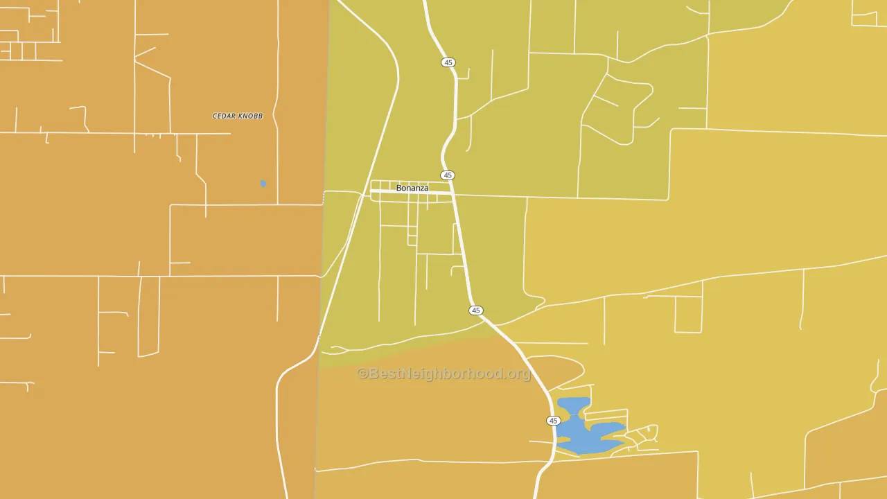Map of the best neighborhoods in the Bonanza area, with better matches in green and worse matches in red
