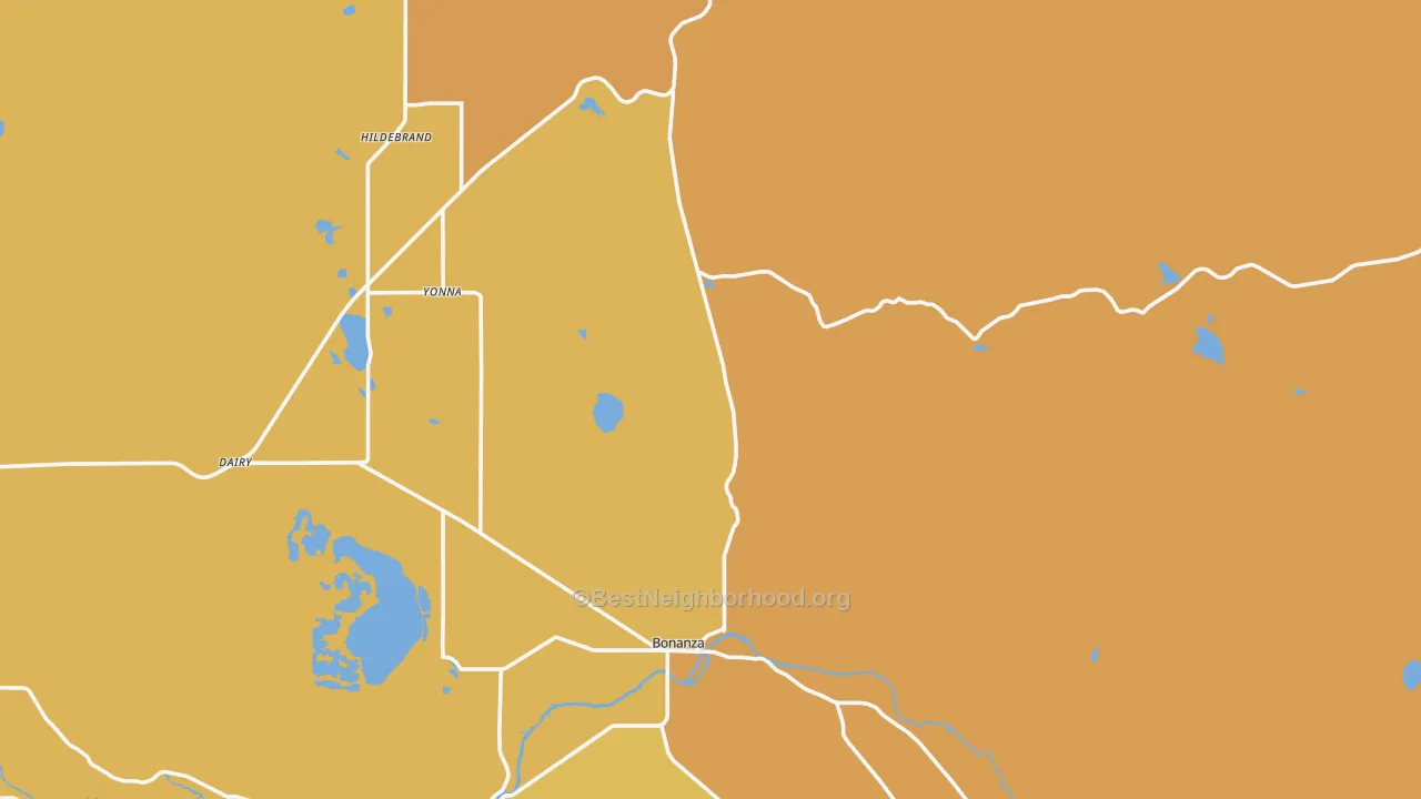 Map of the best neighborhoods in the Bonanza area, with better matches in green and worse matches in red