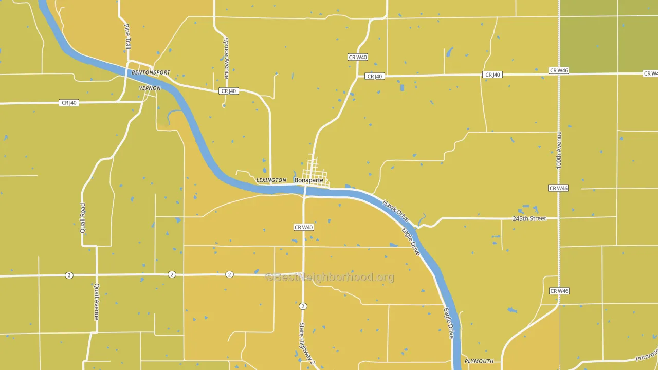 Map of the best neighborhoods in the Bonaparte area, with better matches in green and worse matches in red
