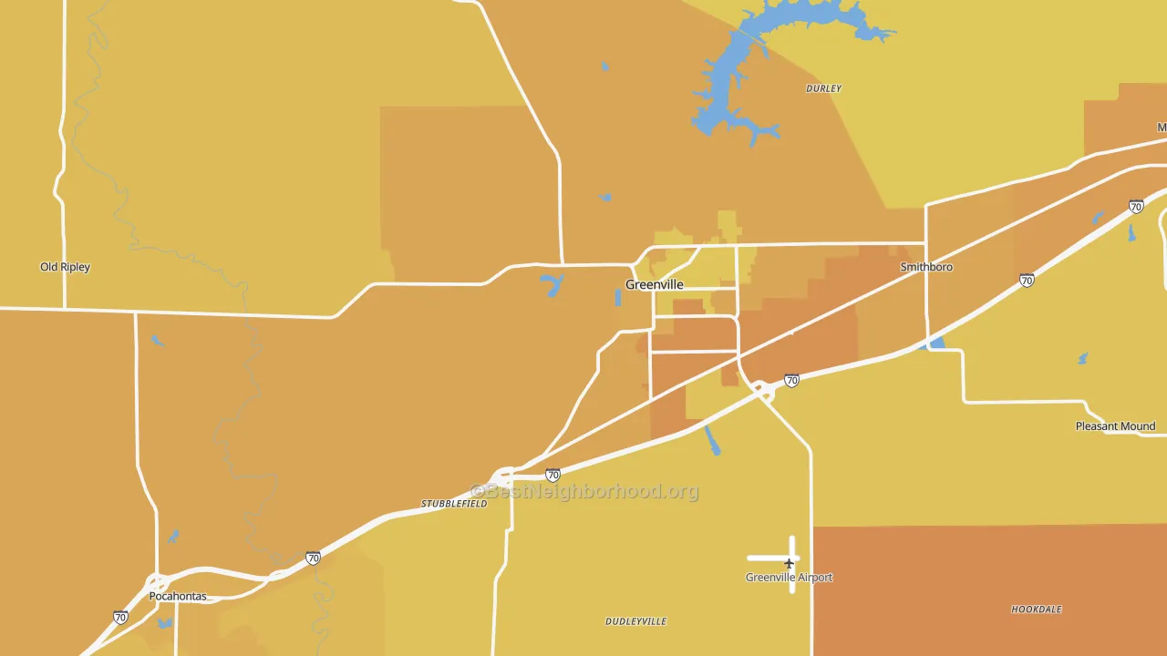 Map of the best neighborhoods in the Bond County area, with better matches in green and worse matches in red