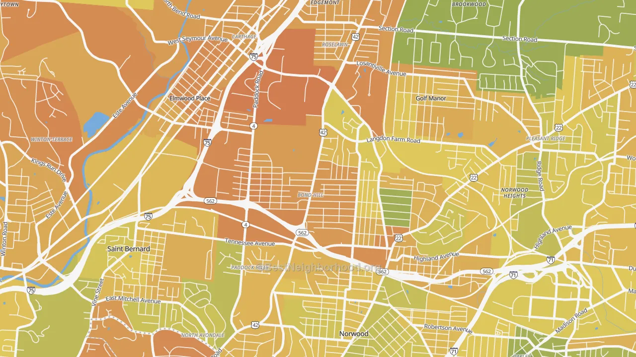 Map of the best neighborhoods in the Bond Hill, Cincinnati area, with better matches in green and worse matches in red