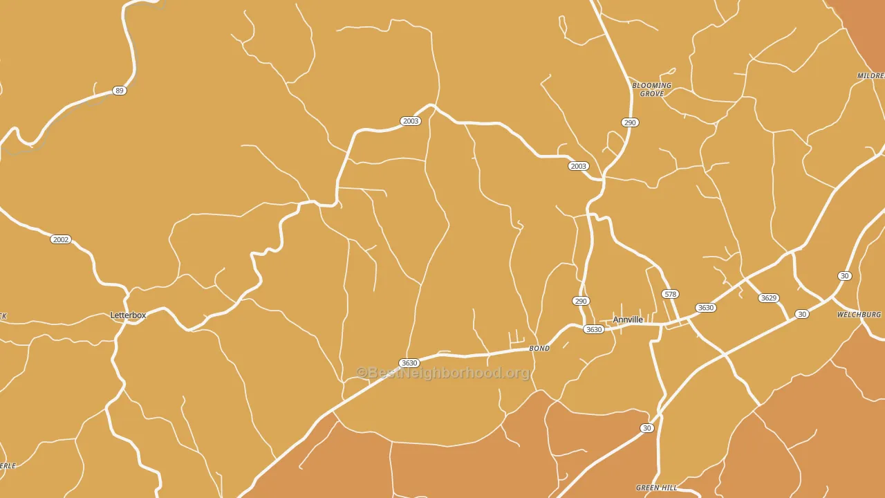 Map of the best neighborhoods in the Bond area, with better matches in green and worse matches in red