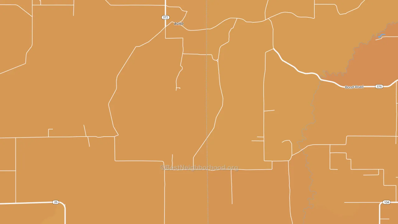 Map of the best neighborhoods in the Bond area, with better matches in green and worse matches in red