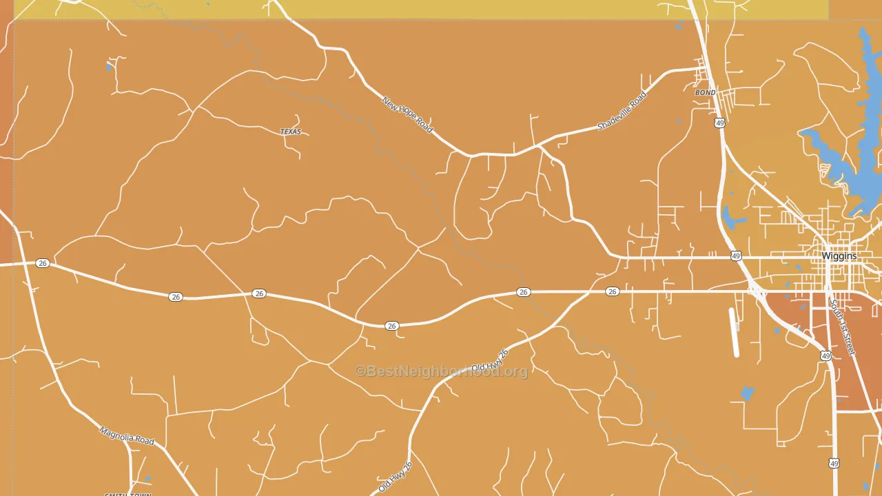Map of the best neighborhoods in the Bond area, with better matches in green and worse matches in red