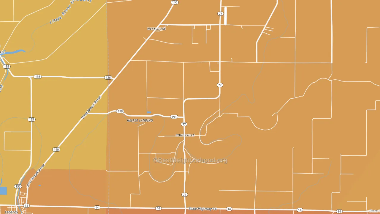 Map of the best neighborhoods in the Bondsville area, with better matches in green and worse matches in red
