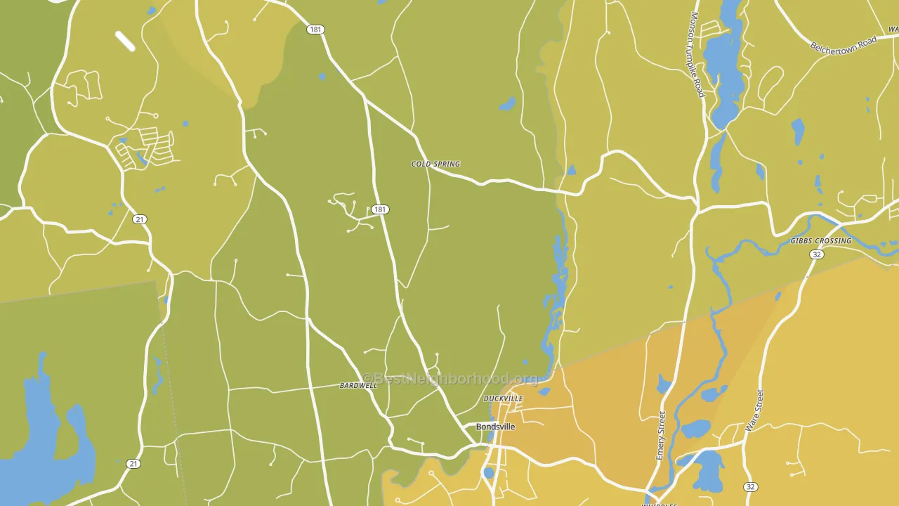 Map of the best neighborhoods in the Bondsville area, with better matches in green and worse matches in red