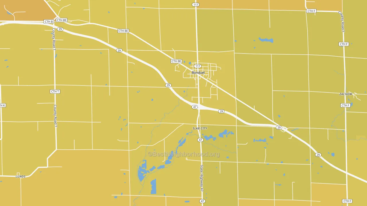 Map of the best neighborhoods in the Bonduel area, with better matches in green and worse matches in red