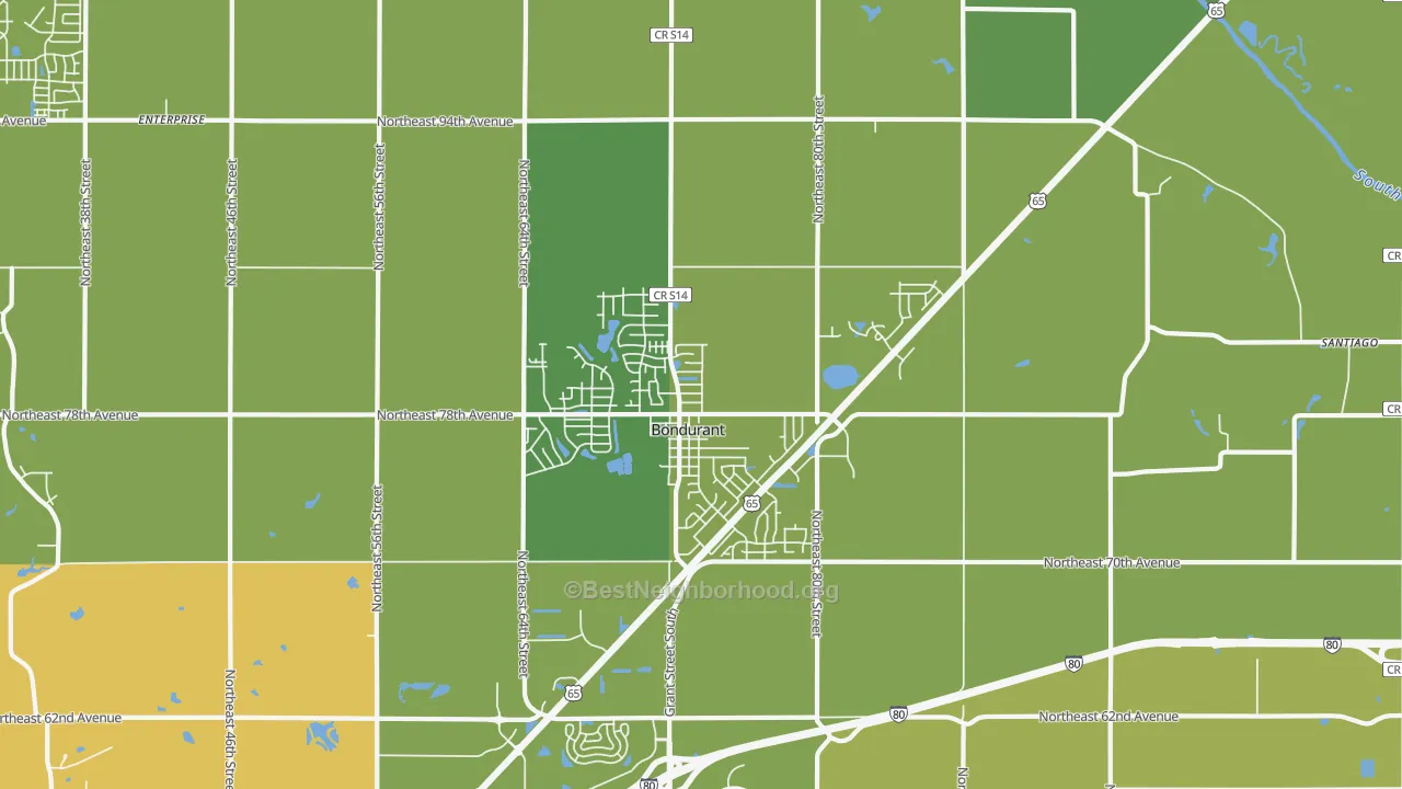 Map of the best neighborhoods in the Bondurant area, with better matches in green and worse matches in red