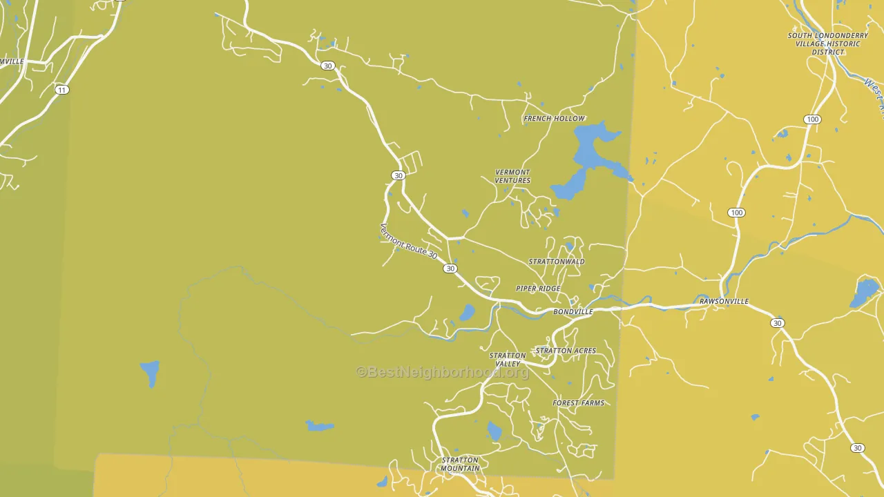 Map of the best neighborhoods in the Bondville area, with better matches in green and worse matches in red