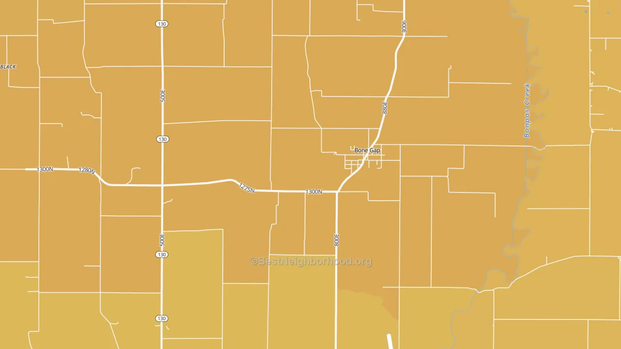 Map of the best neighborhoods in the Bone Gap area, with better matches in green and worse matches in red
