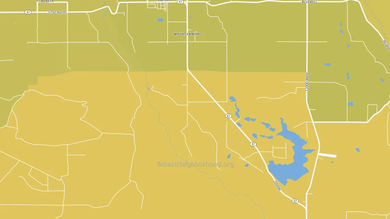 Map of the best neighborhoods in the Boneta area, with better matches in green and worse matches in red