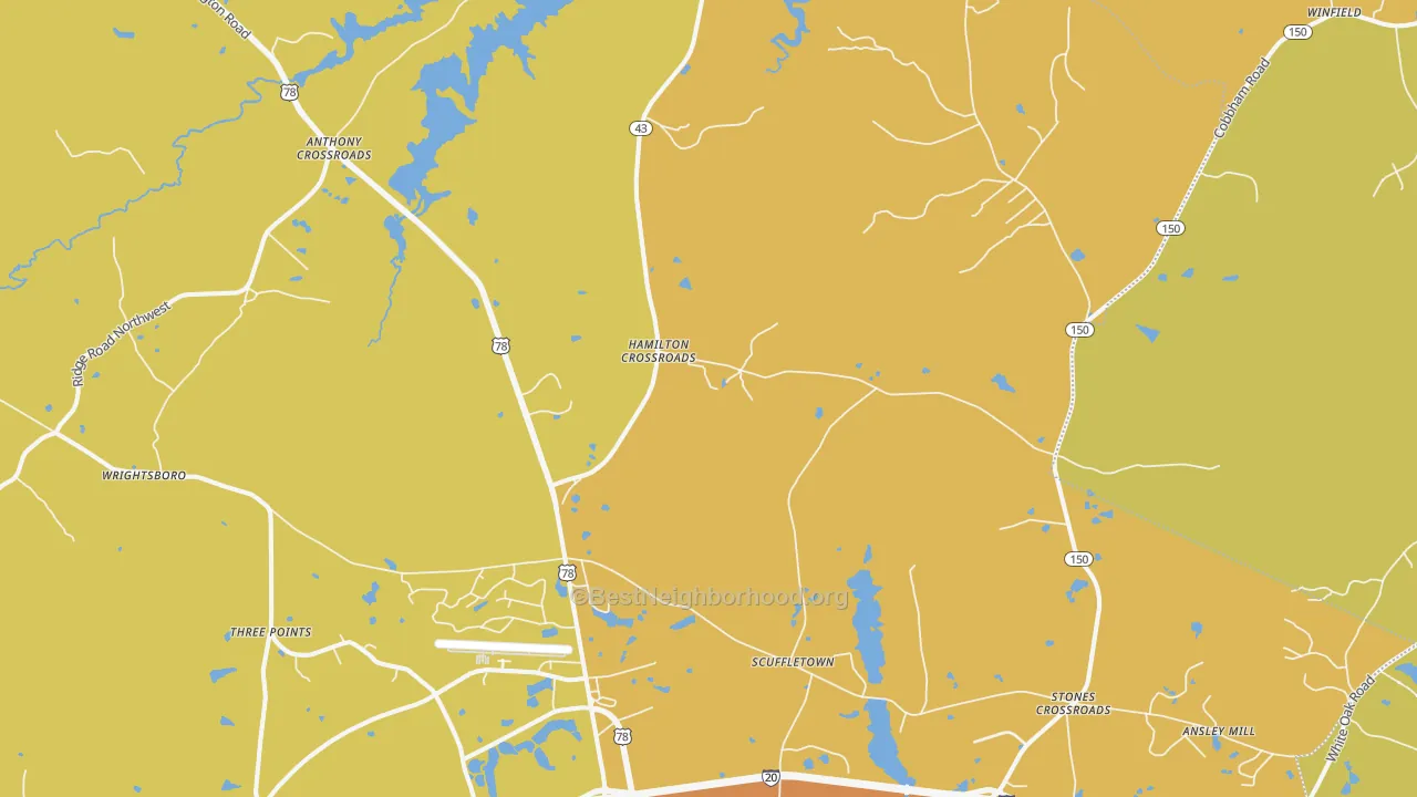 Map of the best neighborhoods in the Boneville area, with better matches in green and worse matches in red