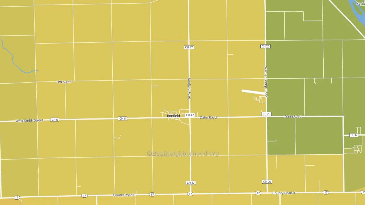 Map of the best neighborhoods in the Bonfield area, with better matches in green and worse matches in red