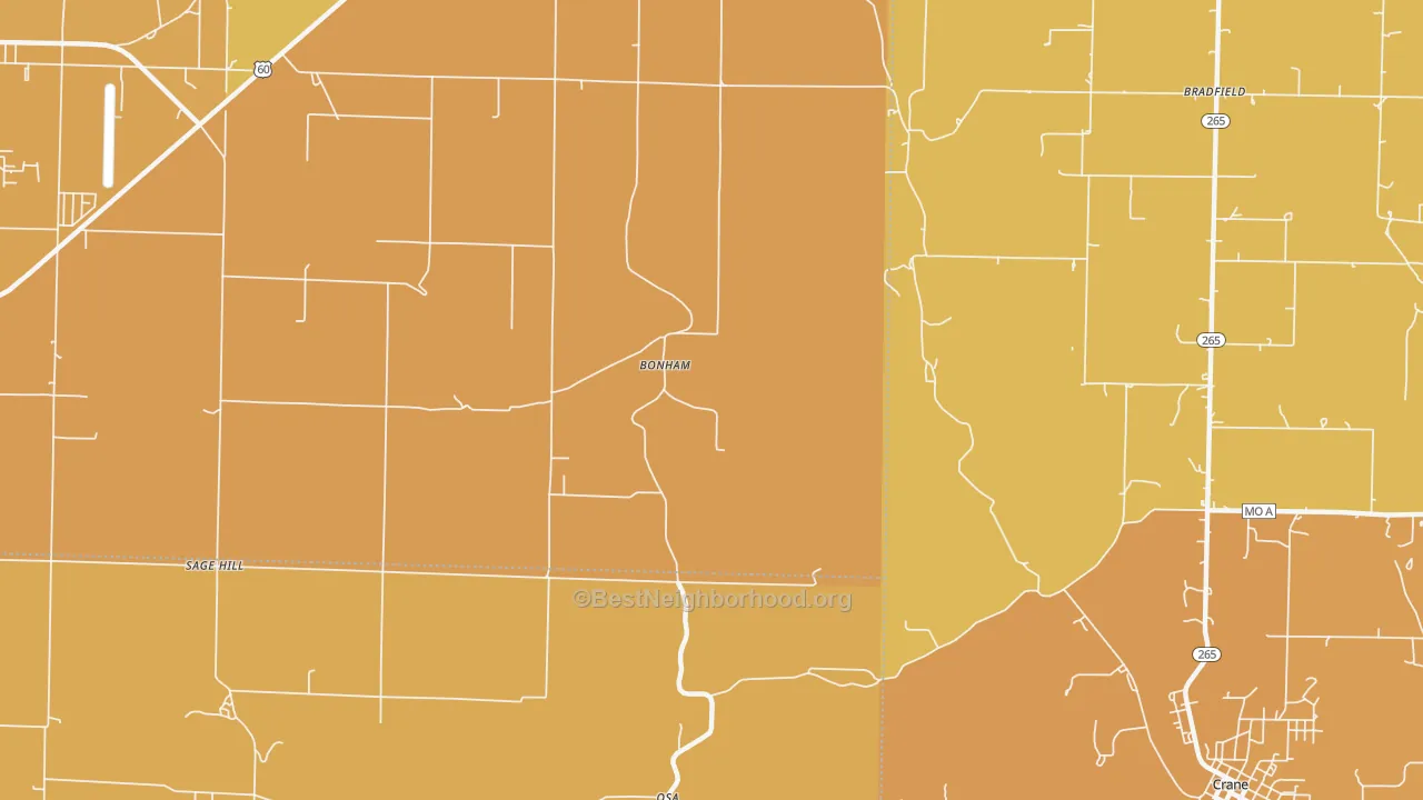 Map of the best neighborhoods in the Bonham area, with better matches in green and worse matches in red