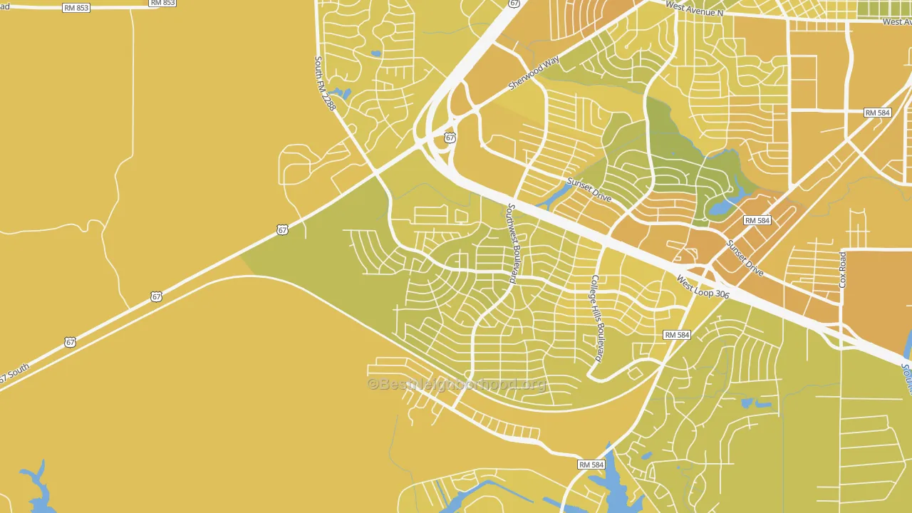 Map of the best neighborhoods in the Bonham, San Angelo area, with better matches in green and worse matches in red