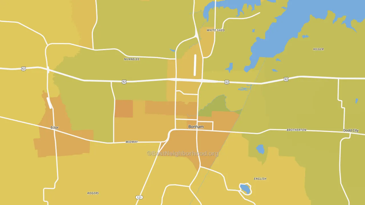 Map of the best neighborhoods in the Bonham area, with better matches in green and worse matches in red
