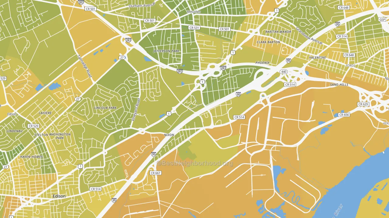 Map of the best neighborhoods in the Bonhamtown, Edison area, with better matches in green and worse matches in red