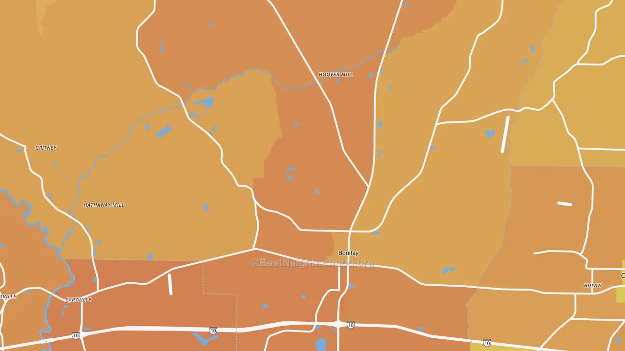 Map of the best neighborhoods in the Bonifay area, with better matches in green and worse matches in red