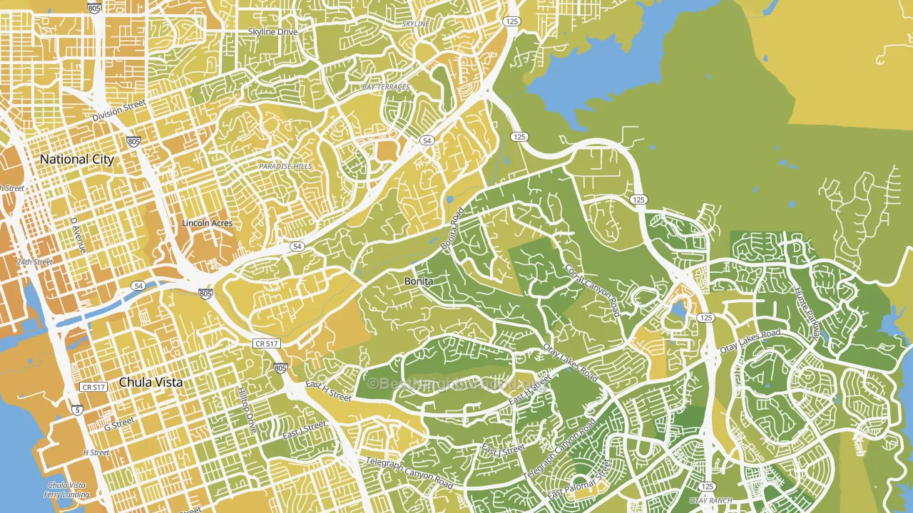 Map of the best neighborhoods in the Bonita area, with better matches in green and worse matches in red
