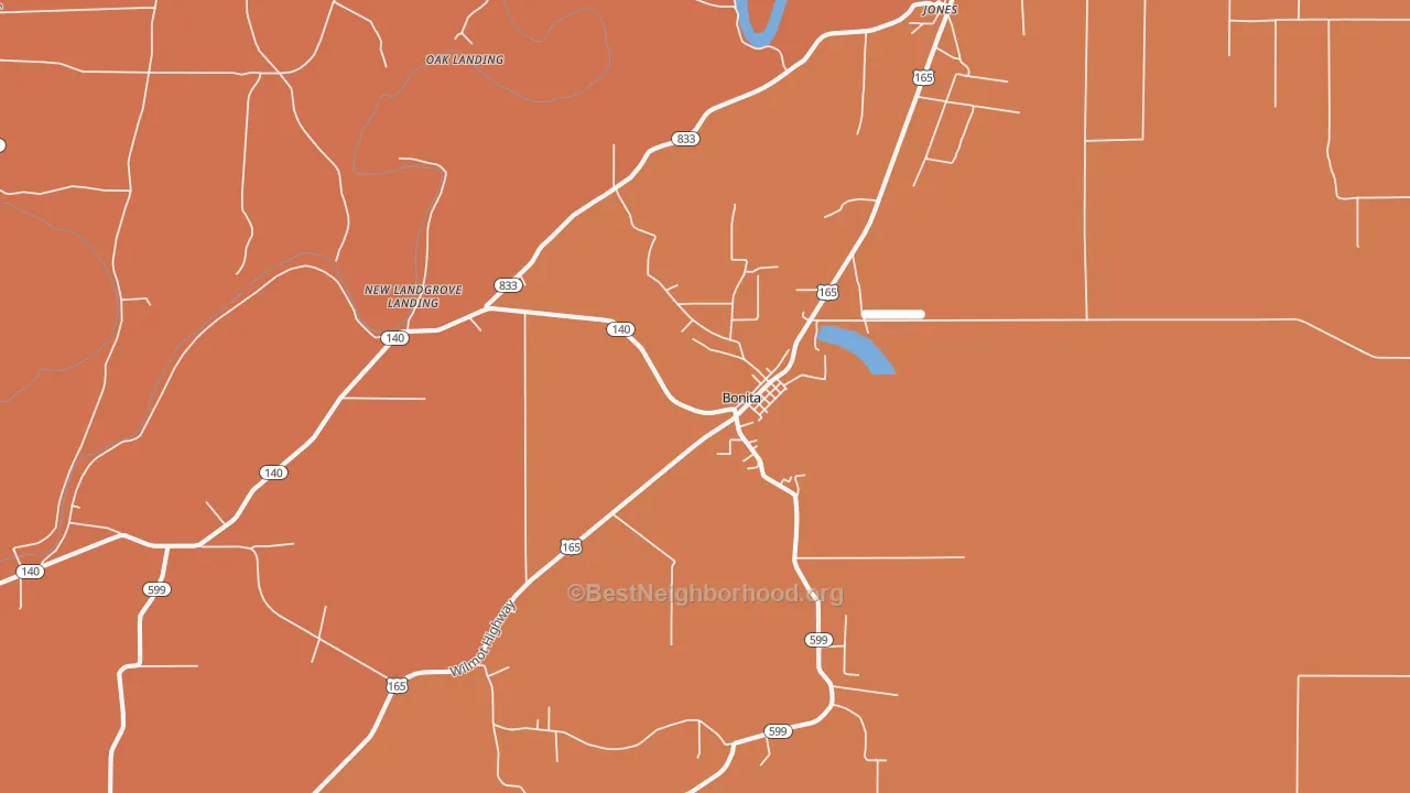 Map of the best neighborhoods in the Bonita area, with better matches in green and worse matches in red