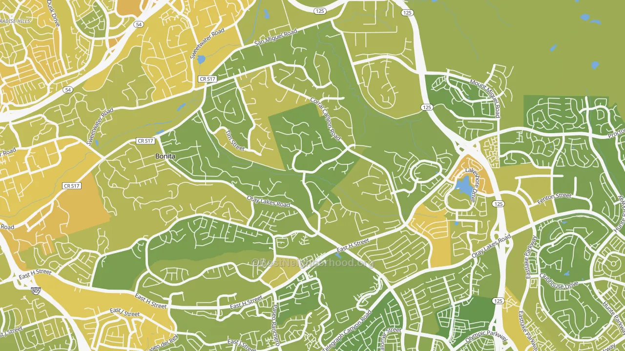 Map of the best neighborhoods in the Bonita Long Canyon, Bonita area, with better matches in green and worse matches in red