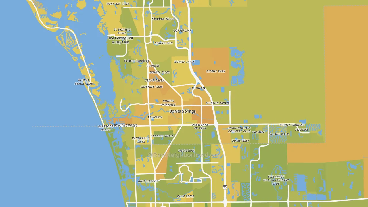 Map of the best neighborhoods in the Bonita Springs area, with better matches in green and worse matches in red