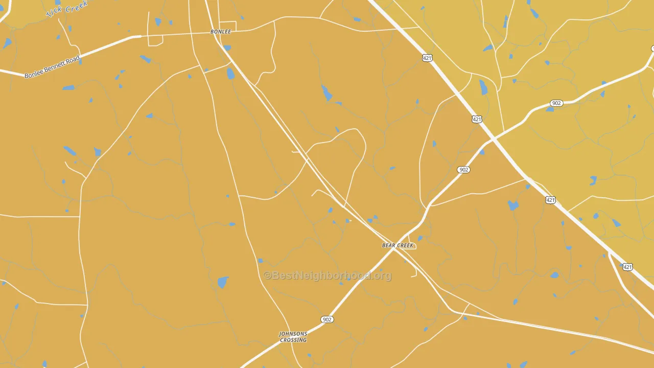 Map of the best neighborhoods in the Bonlee area, with better matches in green and worse matches in red