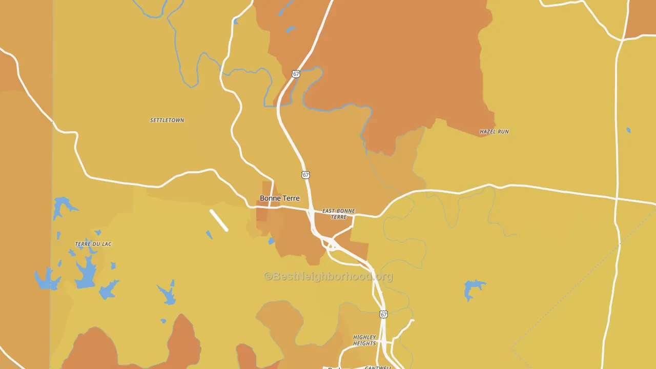 Map of the best neighborhoods in the Bonne Terre area, with better matches in green and worse matches in red