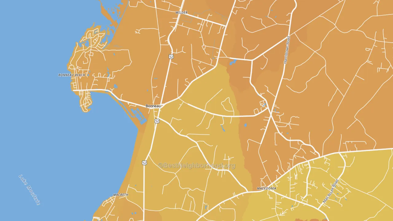 Map of the best neighborhoods in the Bonneau area, with better matches in green and worse matches in red
