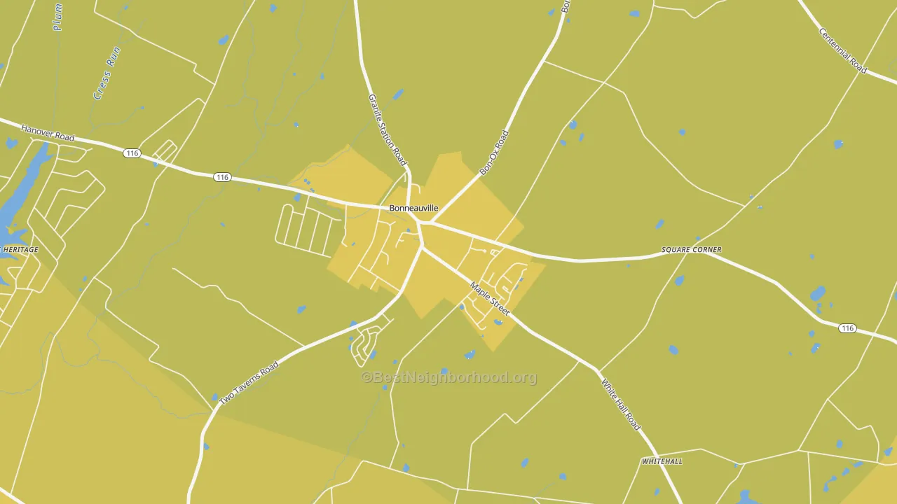 Map of the best neighborhoods in the Bonneauville area, with better matches in green and worse matches in red