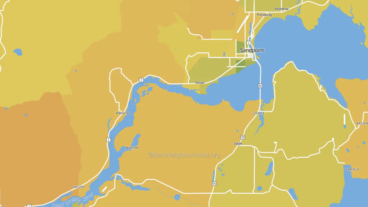 Map of the best neighborhoods in the Bonner County area, with better matches in green and worse matches in red