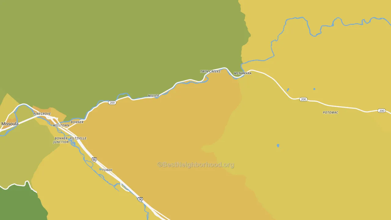 Map of the best neighborhoods in the Bonner area, with better matches in green and worse matches in red