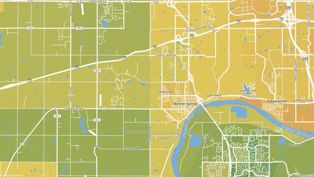 Map of the best neighborhoods in the Bonner Springs area, with better matches in green and worse matches in red