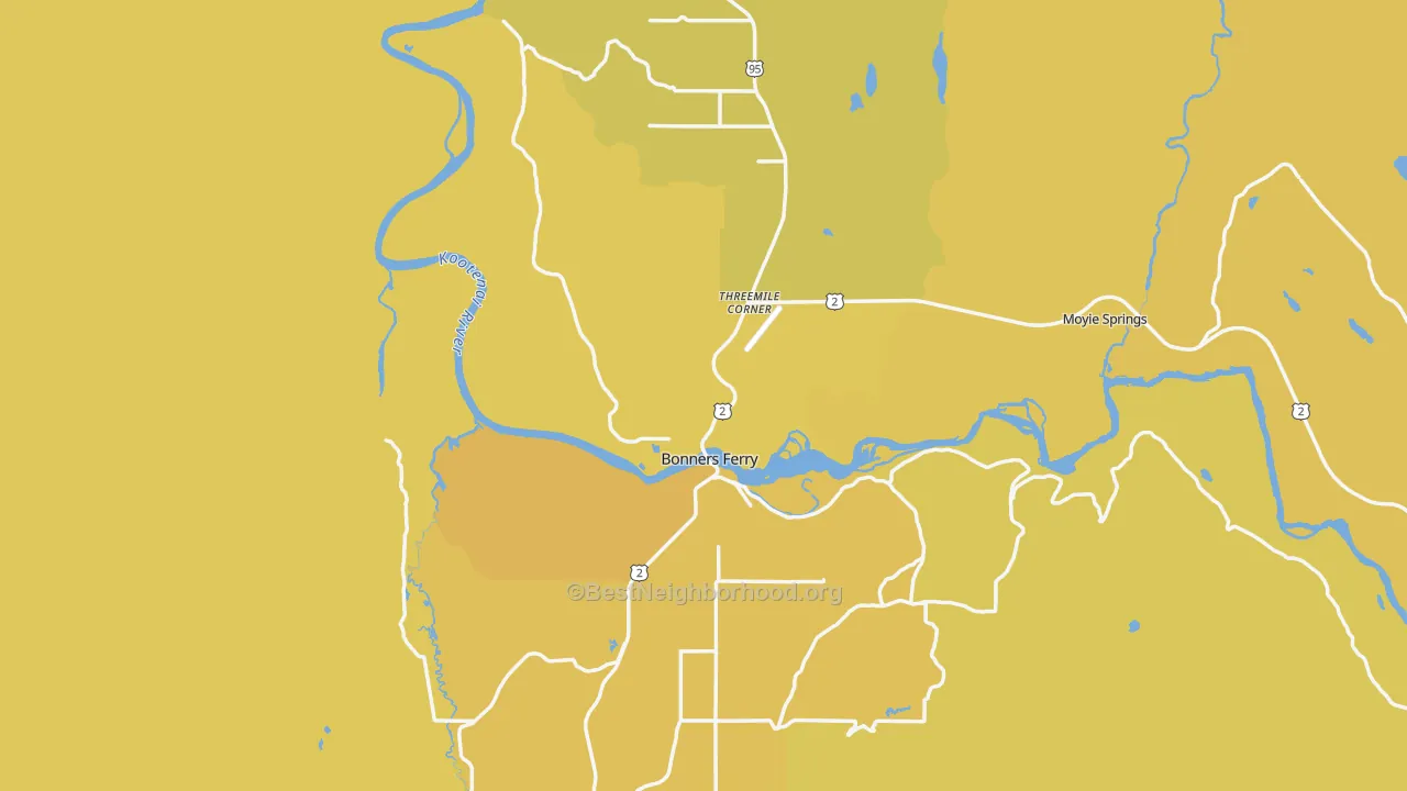 Map of the best neighborhoods in the Bonners Ferry area, with better matches in green and worse matches in red
