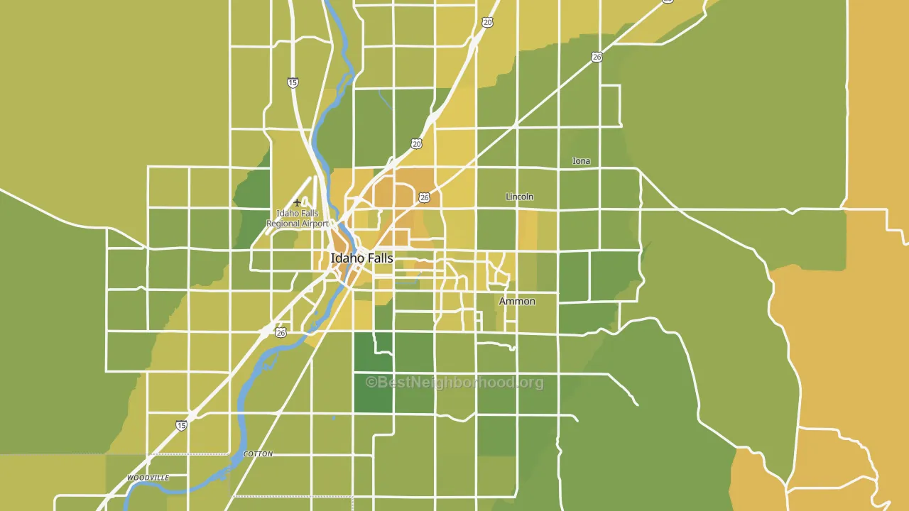 Map of the best neighborhoods in the Bonneville County area, with better matches in green and worse matches in red