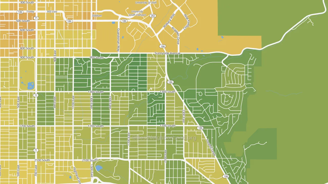 Map of the best neighborhoods in the Bonneville Hills, Salt Lake City area, with better matches in green and worse matches in red
