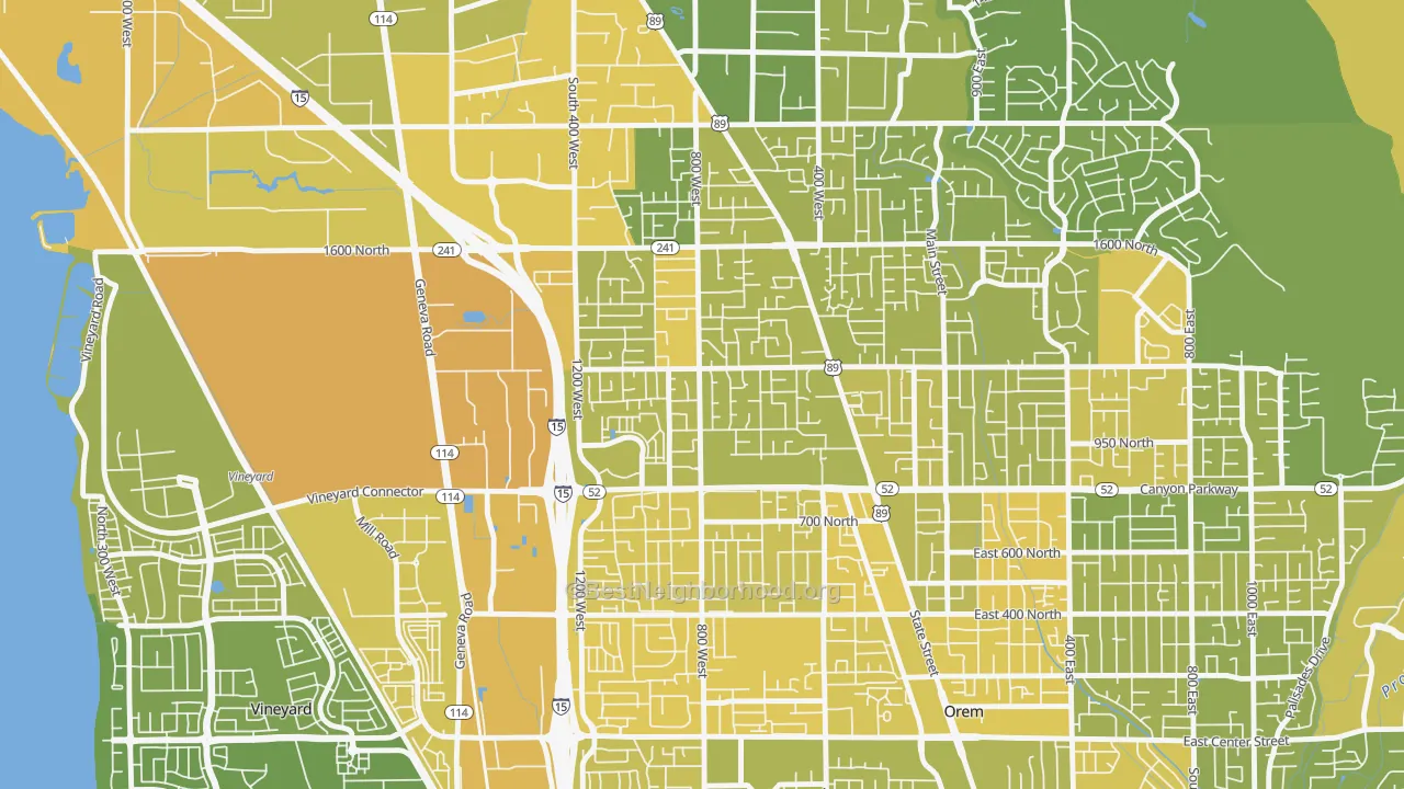 Map of the best neighborhoods in the Bonneville, Orem area, with better matches in green and worse matches in red