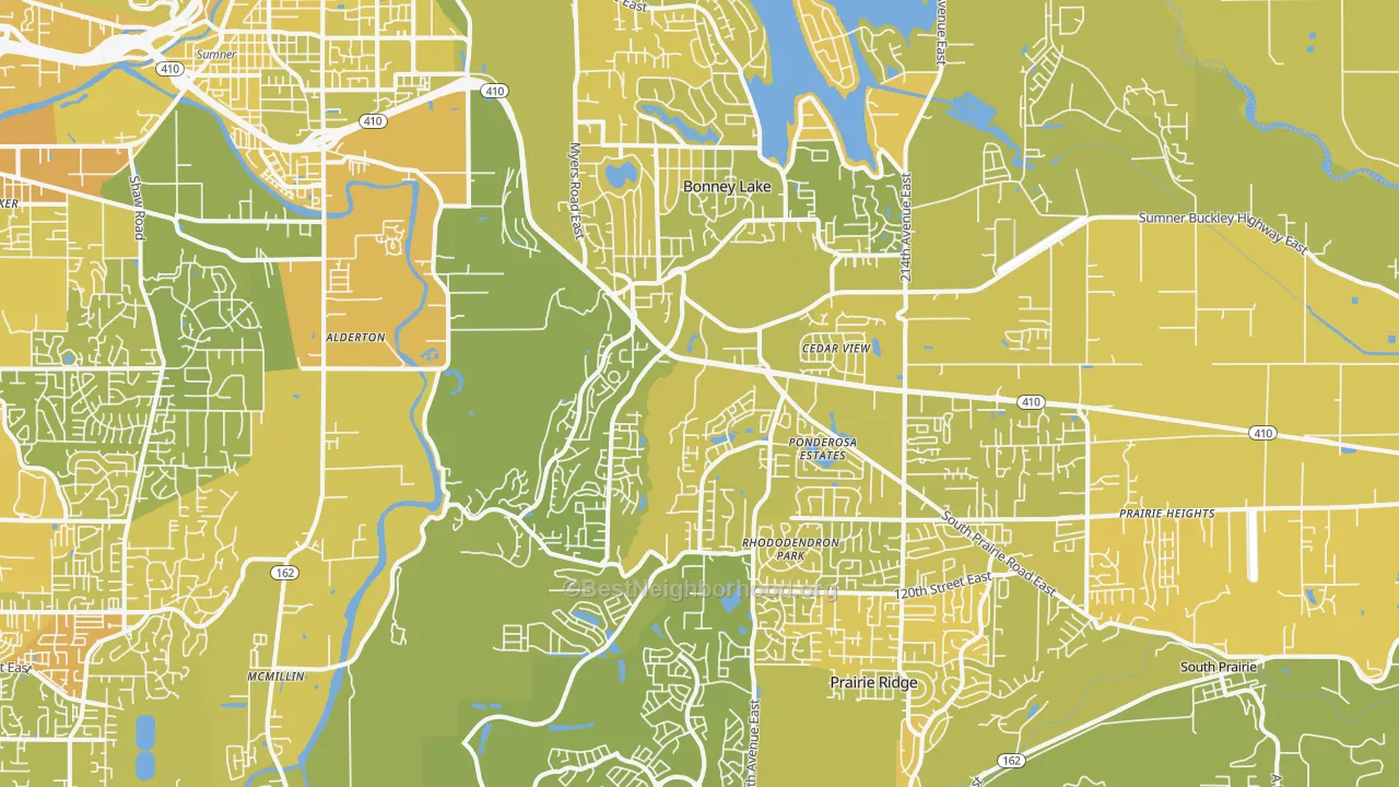 Map of the best neighborhoods in the Bonney Lake area, with better matches in green and worse matches in red