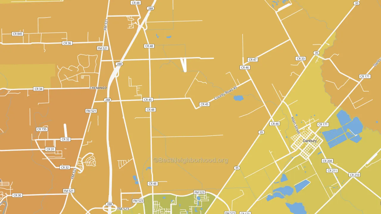 Map of the best neighborhoods in the Bonney area, with better matches in green and worse matches in red
