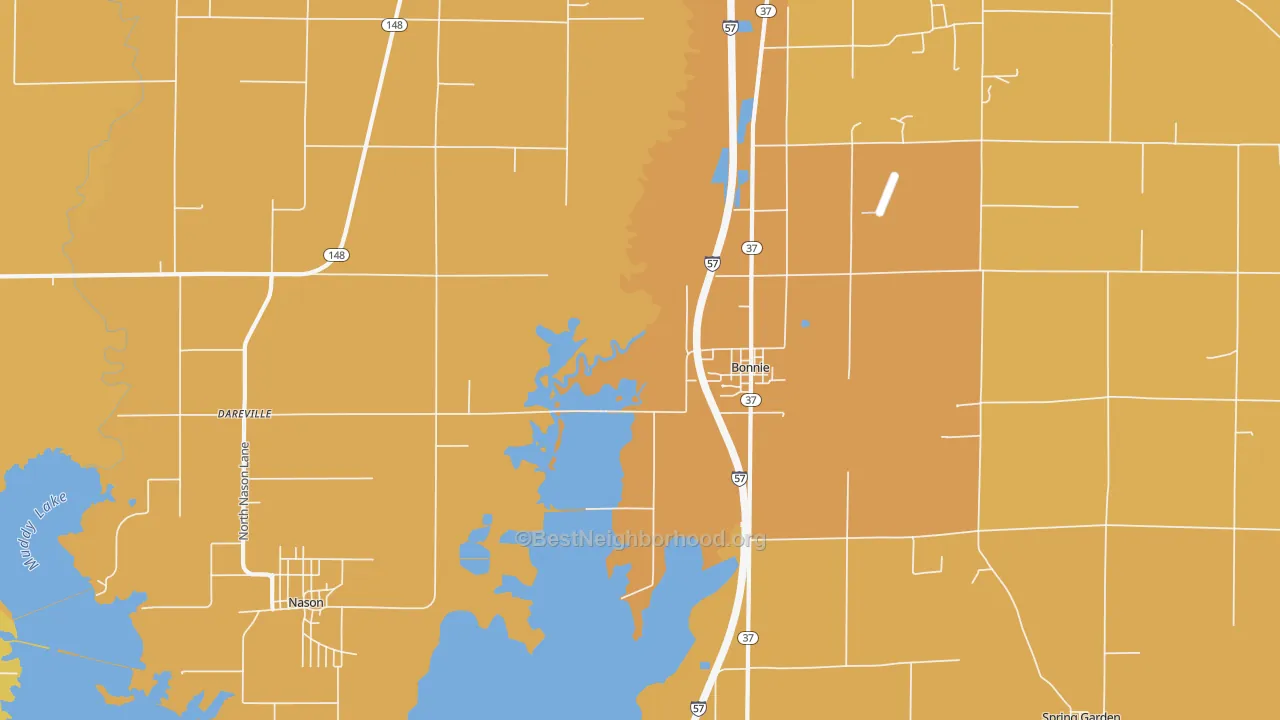 Map of the best neighborhoods in the Bonnie area, with better matches in green and worse matches in red