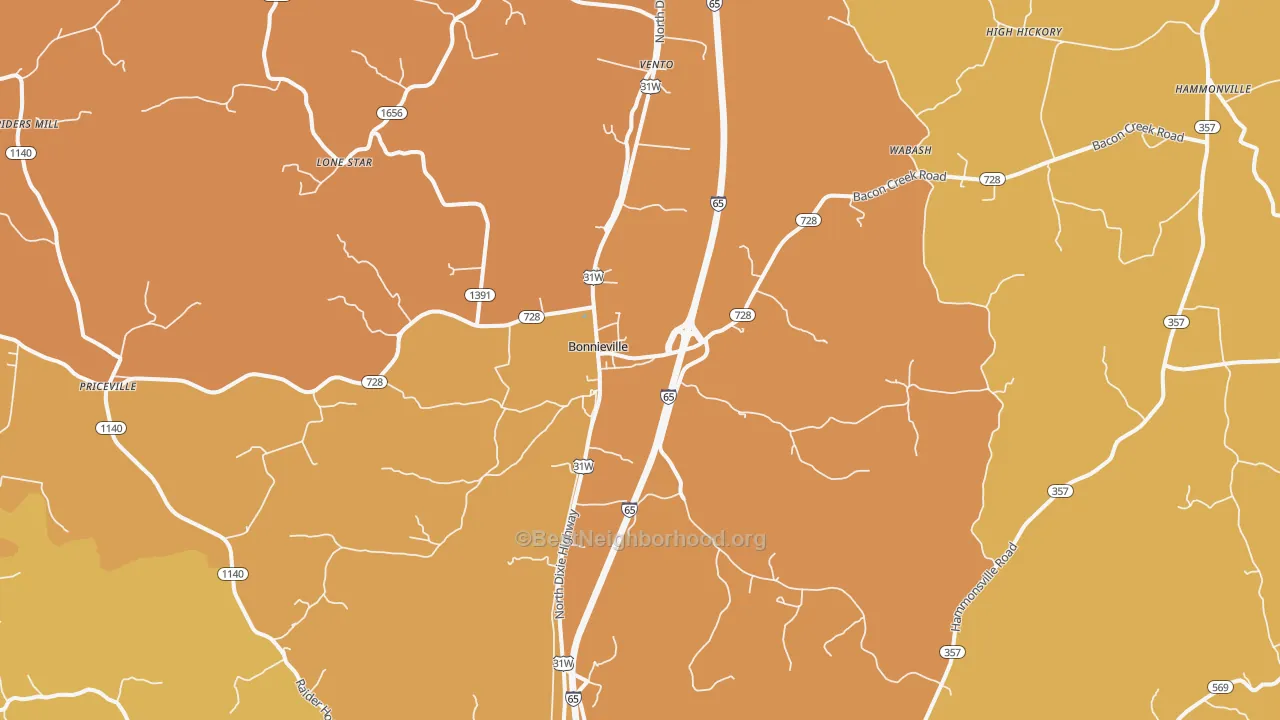 Map of the best neighborhoods in the Bonnieville area, with better matches in green and worse matches in red