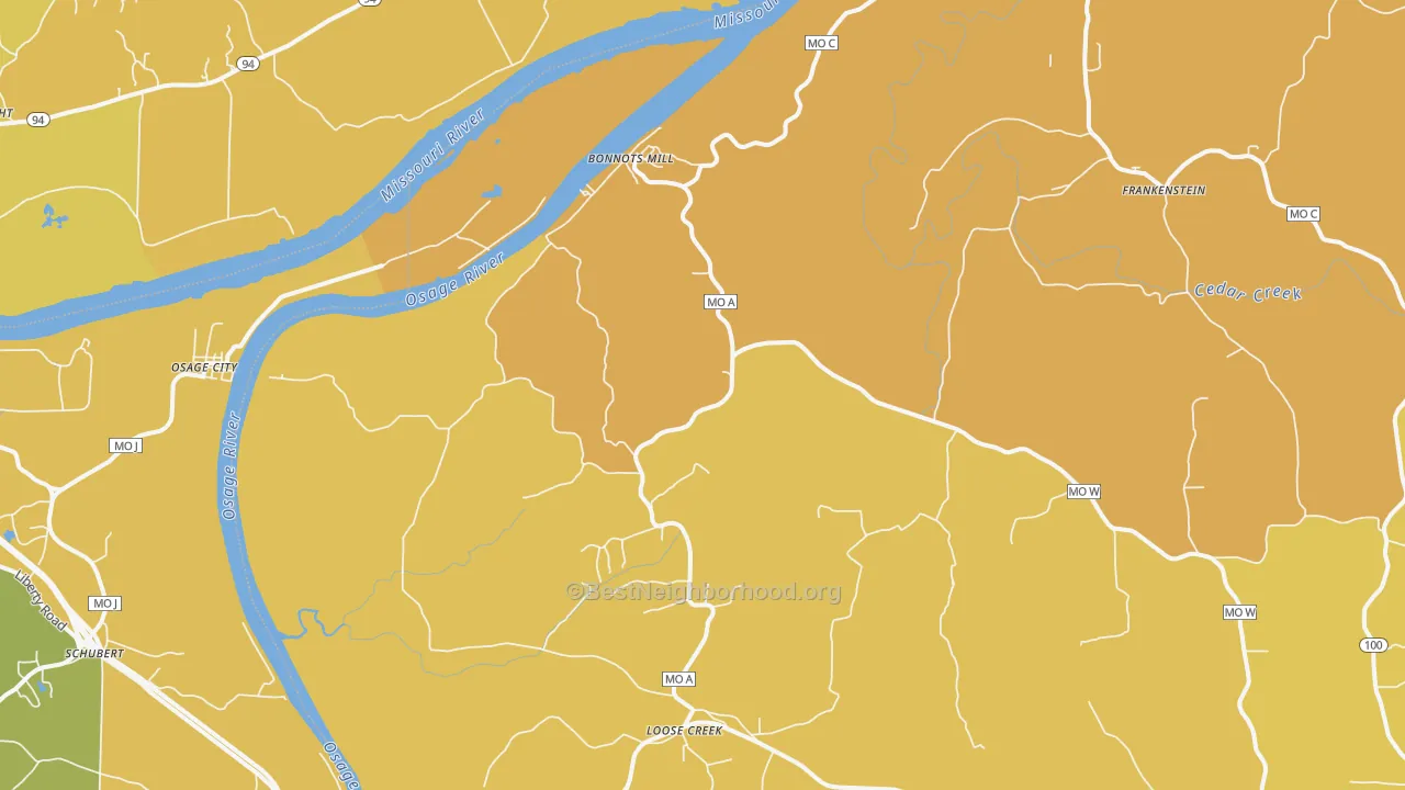 Map of the best neighborhoods in the Bonnots Mill area, with better matches in green and worse matches in red