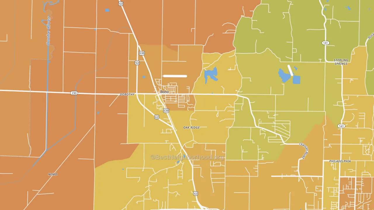 Map of the best neighborhoods in the Bono area, with better matches in green and worse matches in red