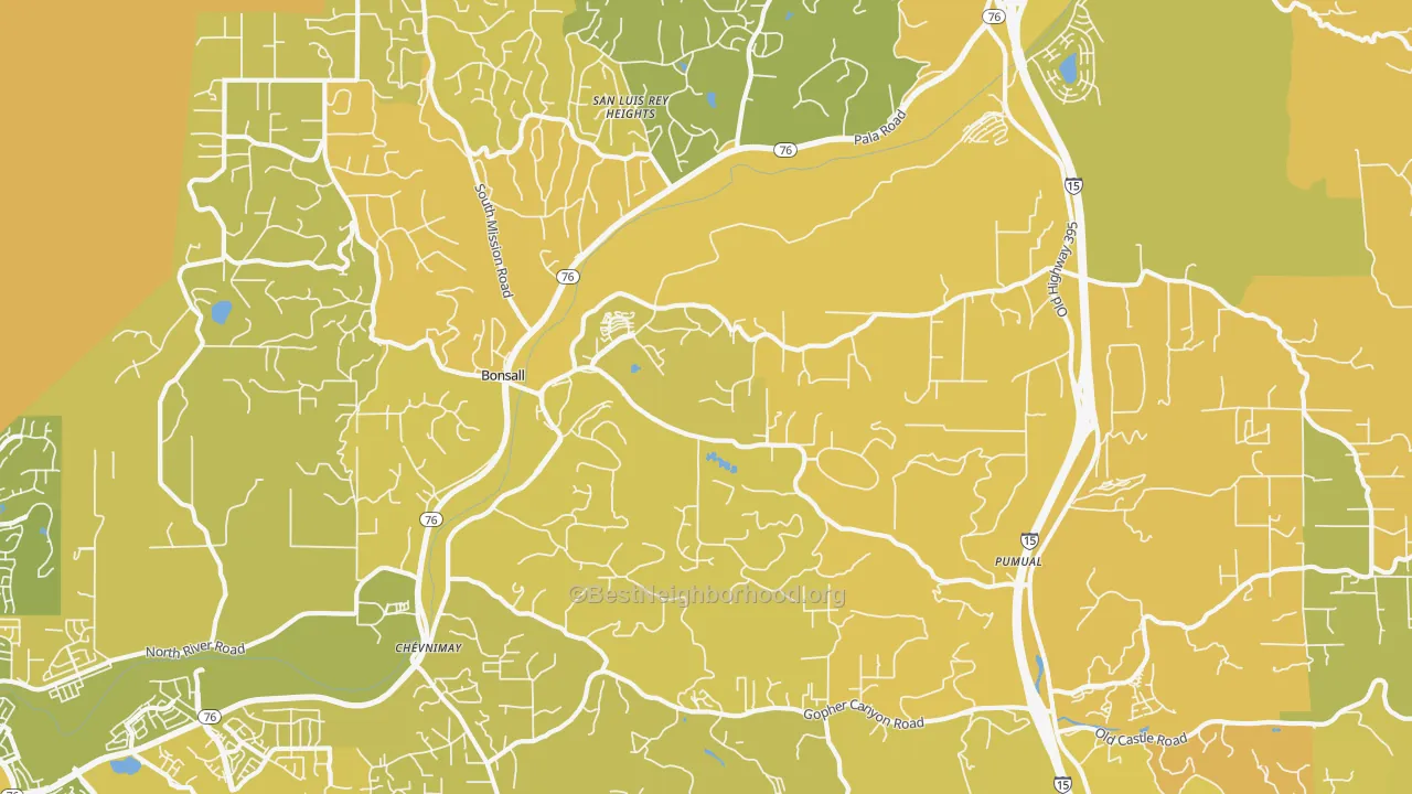 Map of the best neighborhoods in the Bonsall area, with better matches in green and worse matches in red