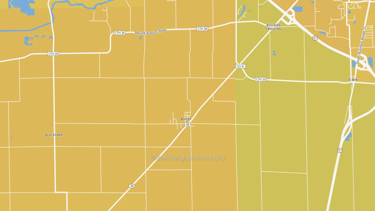 Map of the best neighborhoods in the Boody area, with better matches in green and worse matches in red