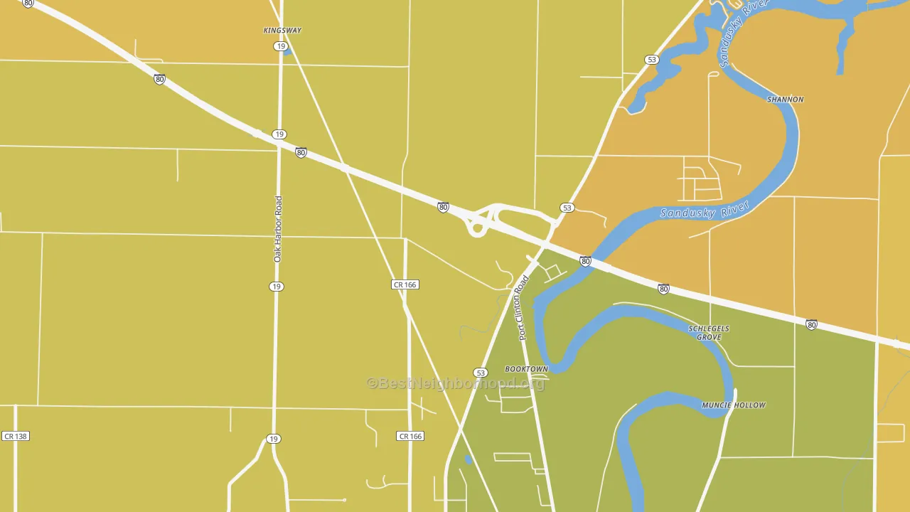 Map of the best neighborhoods in the Booktown area, with better matches in green and worse matches in red